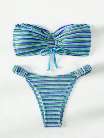 Women Summer Beach Colorful Striped Strapless Bikini Swimsuit Set