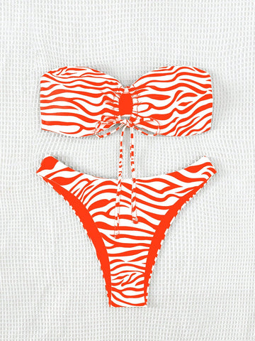 Zebra Print Drawstring Detail Bandeau Bikini Set, With Separated Swimming Suit And Suitable For Summer Beach