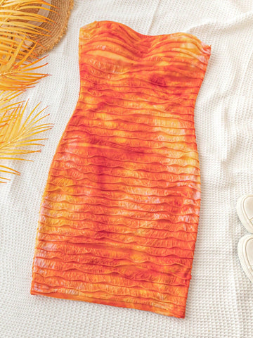 WYWH Women Summer Gradient Orange-Yellow Bandeau Bodycon Dress With Bullion Frill Knit Texture And Tight Fitting Design For Vacation