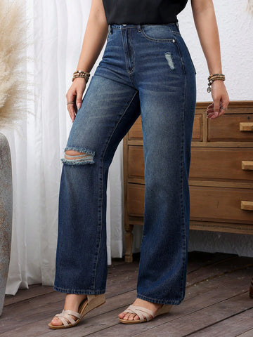 Women High Waist Baggy Wide Leg Jeans For Casual Daily Wear With Distressed Design And Pockets
