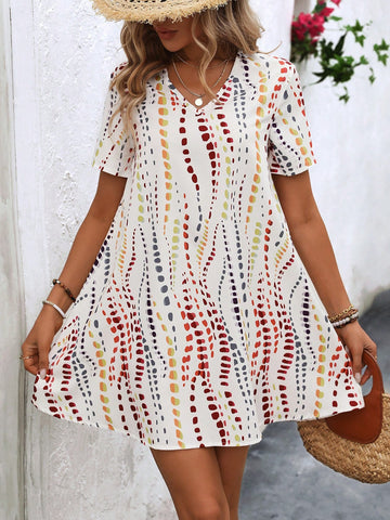 Women Fashionable Short Sleeve Printed Dress In Color