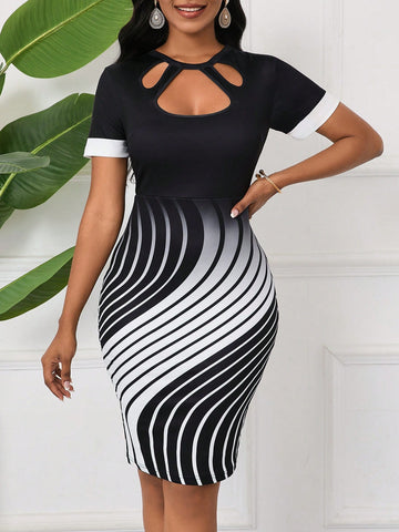Women Music Festival Striped & Printed Short Sleeve Bodycon Dress With Hollow Out Neckline For Summer