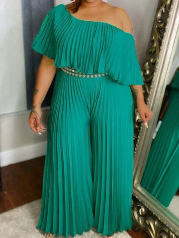 Plus Size Solid Color Pleated Off-Shoulder Long Jumpsuit Suitable For Vacation Or Leisure