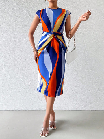 Color-Blocking Print Cap Sleeve Twisted Waist Slim Fit Midi Dress For Summer