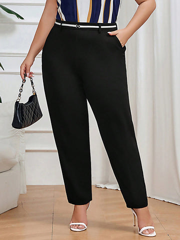 Elegant And Simple Color Block Belted Trousers With Rhinestones, Plus Size, Suitable For Summer, Business, Commute, Office And Daily Wear