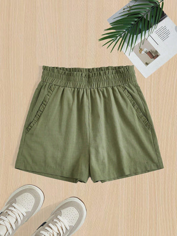 Women's Summer Solid Color Shirred Waist Shorts With Pockets
