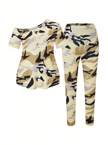 Plus Size Women Summer Camouflage Print Asymmetric Neckline Short Sleeve T-Shirt And Pants Set