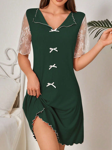 Women Color Block Splice Lace Sleep Dress With Bow Decorations