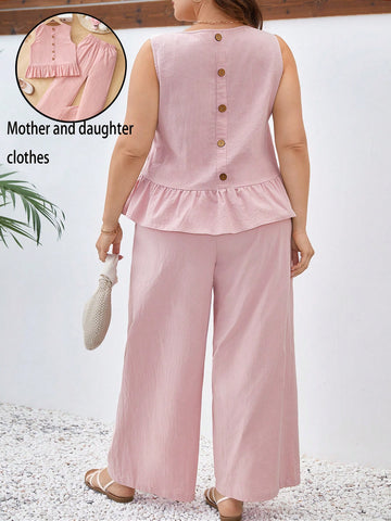 Plus Size Women's Spring And Summer Clothes Fashion New Casual Commuting Elegant Back Button Decoration Loose Wide Leg Pants Outfits Matching Mother's Day Parent-Child Clothing2 Piece Set