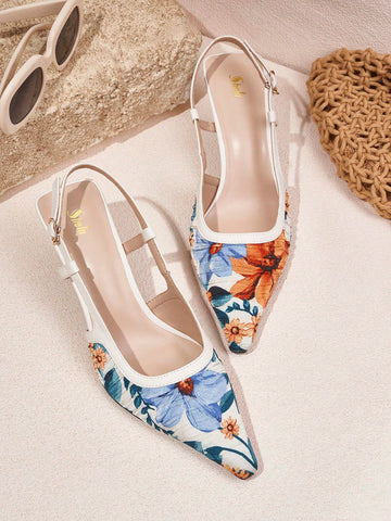 Women's Fashionable High Heel Pointed Toe Shoes With Printed Back Strap
