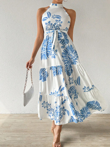 Women Fashionable Halter Neck Floral Printed Dress