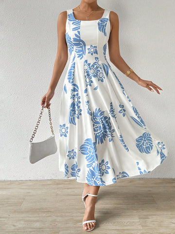 Women Fashionable Blue Printed Spaghetti Strap Dress