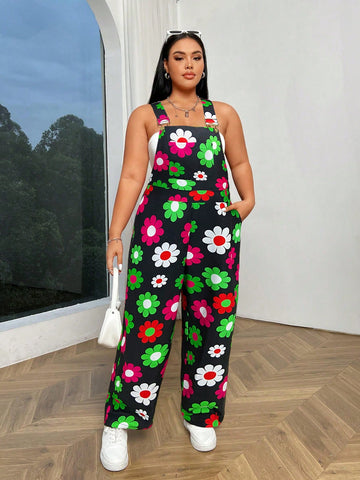 Plus Size Women's Vacation Style Floral Print Sleeveless Jumpsuit