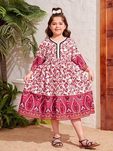 Tween Girls" Extended Size Woven Floral Print Short Sleeve Vacation Dress, Spring/Summer