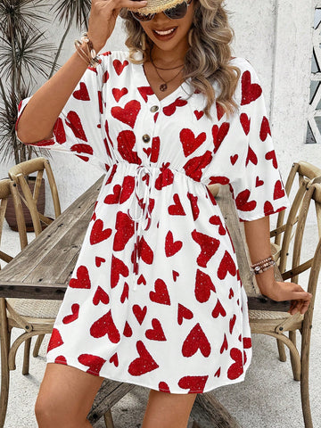 V Neck Heart Pattern Buttoned Half-Open Waist-Tie Short Sleeve Dress