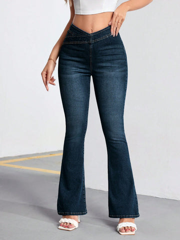 Women High-Waisted Flared Jeans With V-Cut Waistband