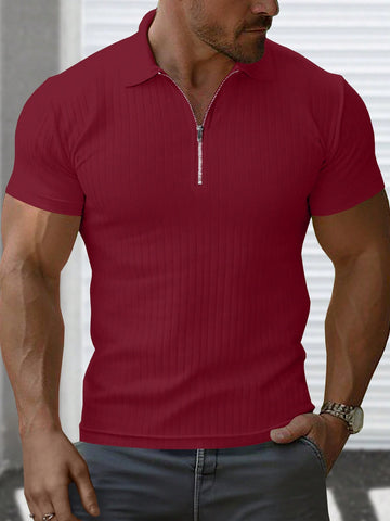 Men's Solid Color Half-Zip Polo Shirt With Short Sleeves