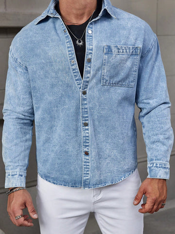 Men Water-Washed Button-Front Casual Denim Shirt With Pockets