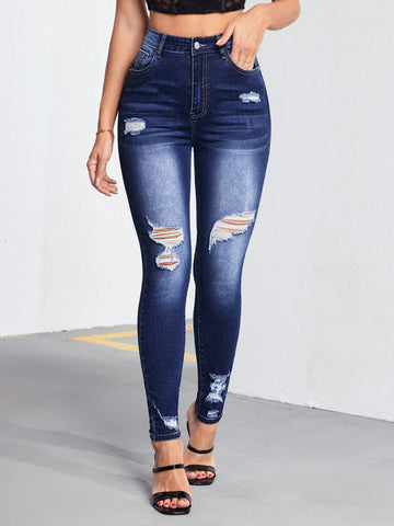 Water-Washed Ripped Slim Fit Jeans With Slanted Pockets, Stylish And Versatile