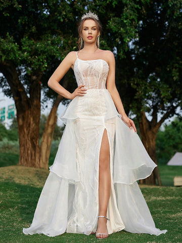 Elegant Luxury Atmosphere White One Shoulder Embroidered Mesh Sheer Bust Cup High Waist Slimming High Slit Fishtail Mesh Irregular Tower Skirt A Swing Trailing Skirt Back Width Functional Straps Outdoor Wedding Lawn Wedding Indoor Wedding Vacation Travel
