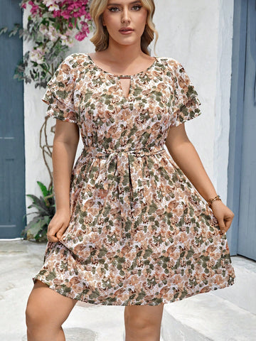 Plus Size Women Summer Vacation Style Floral Print Dress With Lock Hole Collar & Ruffle Short Sleeves