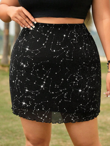 Women Plus Size Summer Concert Clothing, Black Bodycon Short Skirt With Silver Starry Sky Pattern