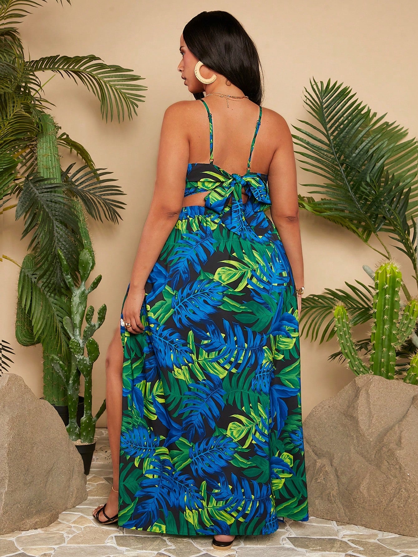 Plus Size Tropical Print Spaghetti Strap Maxi Skirt Two Piece Set For Vacation