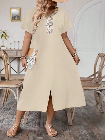 Plus Size Holiday Style Patchwork Lace Split Hem Dress For Summer