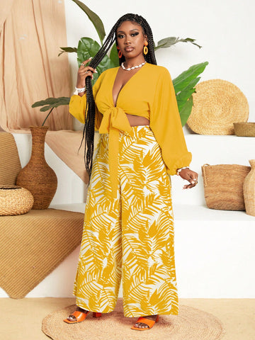 Lantern Sleeve Blouse With Tie Knot And Tropical Plant Printed Wide Leg Pants Loose Plus Size Women 2 In 1 Set For Vacation