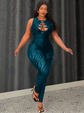 Plus Size Printed Hollow Out Tight Sleeveless Jumpsuit