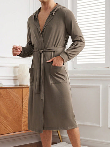 Solid Colored Hooded Long Sleeve Men's Bathrobe