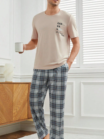 Men's Homewear Set With Letter Print Short Sleeve Top & Plaid Long Pants
