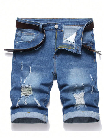 Men Casual Skinny Ripped Frayed Rolled Hem Denim Shorts For Spring And Summer