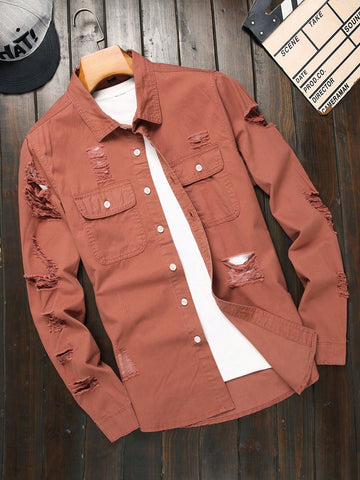 Men Spring And Summer Casual Jeans Shirt With Long Sleeves, Distressed Holes And Flap Pockets