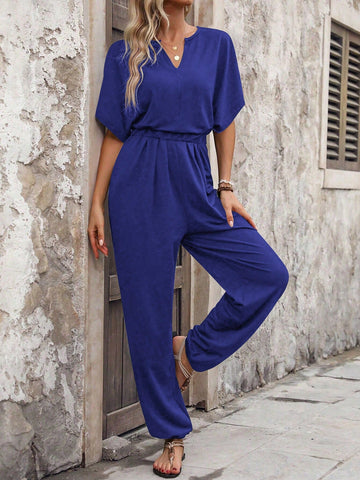 Summer Casual Jumpsuit With V-Neckline, Cinched Waist, Batwing Sleeves, And Cuffed Ankle