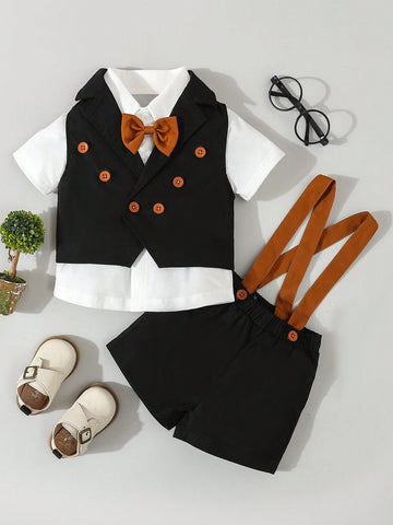 Baby Boys 3pcs/Set College Style Short Sleeve Shirt With Bow Tie, Suit Vest And Suspenders Shorts Party Gentleman Outfit,  Fashionable, Suitable For Birthday Parties, Weddings, Baptisms And First Birthday Celebrations