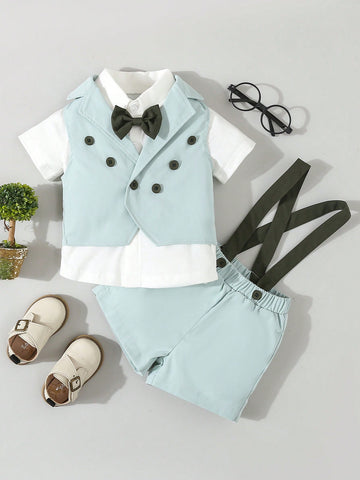 Baby Boys 3-Piece Set Of College Style Short-Sleeved Shirt With Bow Tie, Vest With Suit Collar And Suspender Shorts, Party Gentleman Outfit,  Fashionable, Suitable For Birthday Parties, Evening Parties, Performances, Weddings, Baptisms, And First Birthday