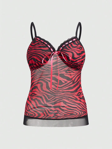 Women Perspective Zebra Print Camisole Top With Lace And Bow Decoration