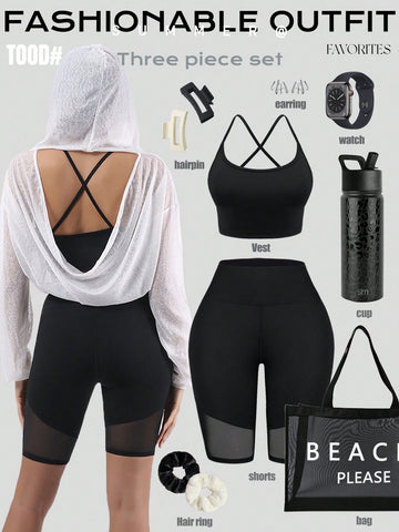 Women's Sexy Open Back Sports Three-Piece Set For Yoga, Running, Exercises - Mesh Lace Long Sleeve Top, Tank Top, And Shorts