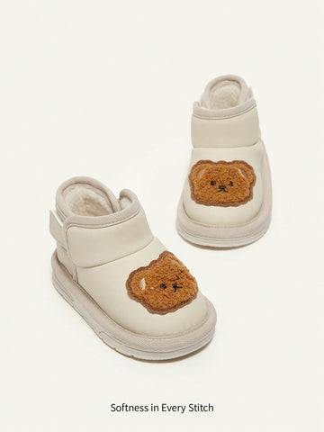 Girls' Beige Fashionable Design Cute Cartoon Bear Comfortable & Warm Snow Boots (random Pattern)