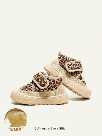 Girls' Camel-colored Leopard Print Fashionable & Comfortable Warm Casual Boots (pattern Random)