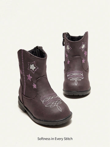Fashionable Western Cowboy Style Infant Short Boots With Star Embroidery Design, Cute & Comfortable