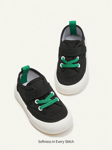 Boys' Black Hook And Loop Strap Sneakers With Colorful Detailing, Fashionable, Confortable, Suitable For Daily Wear And Exercise, All Seasons