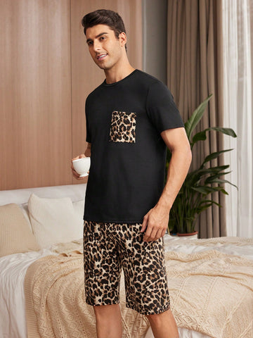Men\ Leopard Print Round-Neck Short-Sleeved Top With Pocket And Shorts Home Wear Set