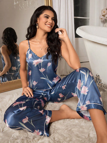 Floral Print Imitation Silk Camisole & Long Pants Pajamas Set