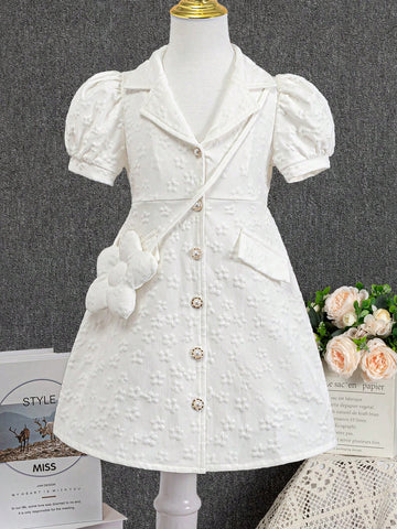Young Girl Spring/Summer Casual Solid Color Jacquard Turn-Down Collar Puff Sleeve Button-Front Dress