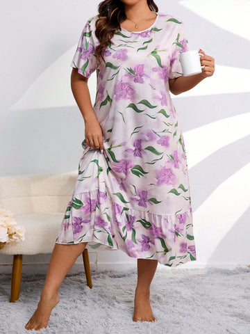 Plus Size Floral Print Lotus Leaf Short-Sleeved Nightgown For Summer