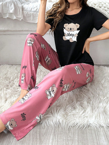 Cute Cartoon Letter Printed Short Sleeve And Shorts Pajama Set For Spring And Summer