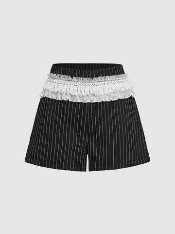 Lace Splicing High Waist Striped Fashion Summer Shorts