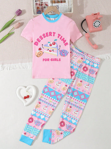 Tween Girls' Simple Birthday Party Printed Pattern Tight Fit Short Sleeve Top And Long Pants Two Piece Home Wear